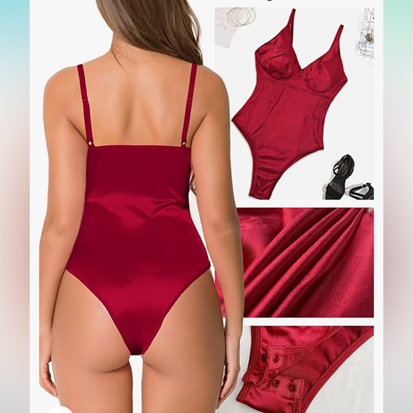 Sexy Red Corset Top for Women Deep V Neck Satin Bodysuit Going Out Tank Tops - Picture 2 of 4